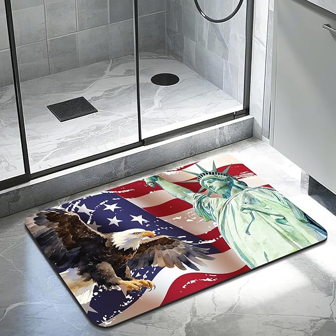 Quick Dry Bath Mat for Bathroom,Super Absorbent Patriotic 4th of July Welcome Bath Rug Non-Slip Rubber,Machine Washable Bathroom Floor Mat for Shower, Tub, Sink Area Independence Day Eagle 16x24