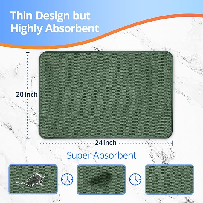 Upgraded Bath Mat 20x24Inch, Thin Bath Mats Rugs with Rubber Backing Non-Slip, Absorbent,Quick Dry Machine Washable, Home Decor Accessories Cozy Cloth Bathroom Rugs fit Under Door/Sink/Tub-Green