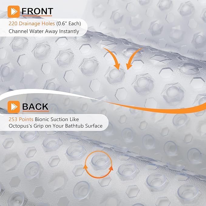 Yimobra Bath Tub Mat Non Slip, 34.5"x15.5" Long Shower Mat, Machine Washable Bathmat with Drain Holes and Suction Cups, Soft on Feet, Bathroom Essentials, Clear