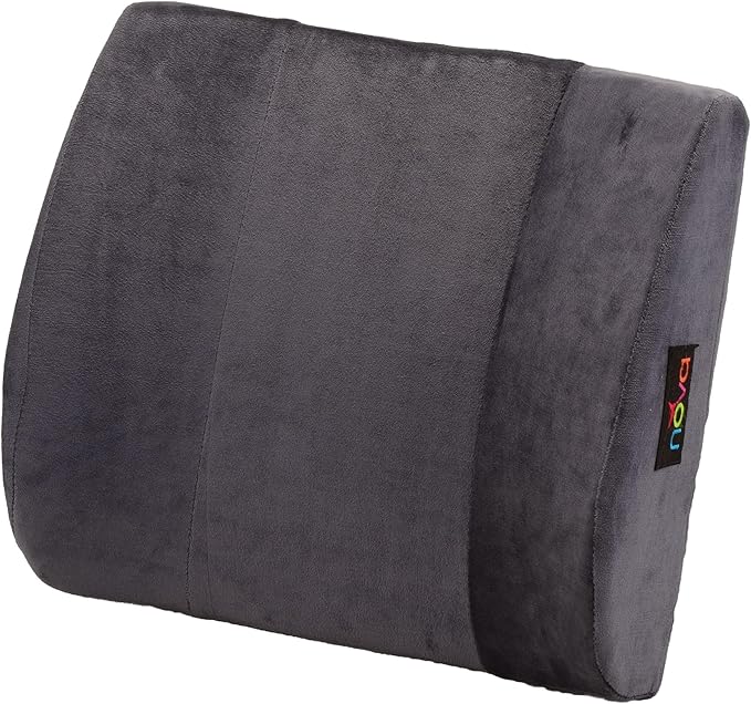 NOVA Lumbar Back Cushion – Contoured High-Density Foam Back Support Pillow for Office Chair, Car, Plane & Wheelchair, Adjustable Strap, Removable Washable Velour Cover, Charcoal Blue (14” x 13”)