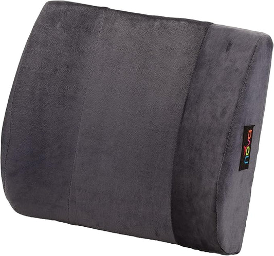 NOVA Lumbar Back Cushion – Contoured High-Density Foam Back Support Pillow for Office Chair, Car, Plane & Wheelchair, Adjustable Strap, Removable Washable Velour Cover, Charcoal Blue (14” x 13”)