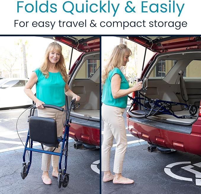 Vive Ultra Lightweight Rollator Walker with Seat - Foldable, Narrow, Rolling Senior Walker for Small Spaces - 4 Wheel Aluminum Adult Easy Drive Aid with Underseat Accessory