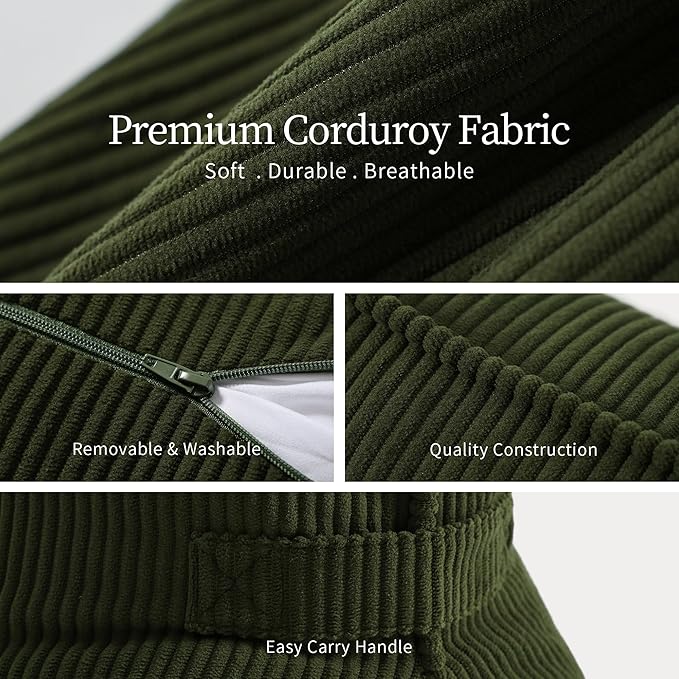 Pat. Pend. Corduroy Ergonomic Lumbar Support Pillow for Sitting Support, Triangle Back Cushion for Sofa, Armchair & Bed, Washable Cover, Avocado Green