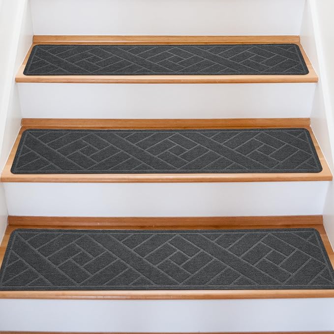 15 Pack 8 "X 30" Non-Slip Carpet Stair Treads for Indoor Wooden Steps, Made of Polyester and Reusable Adhesive, Suitable for Kids Elders and Pets（Grey Lines）