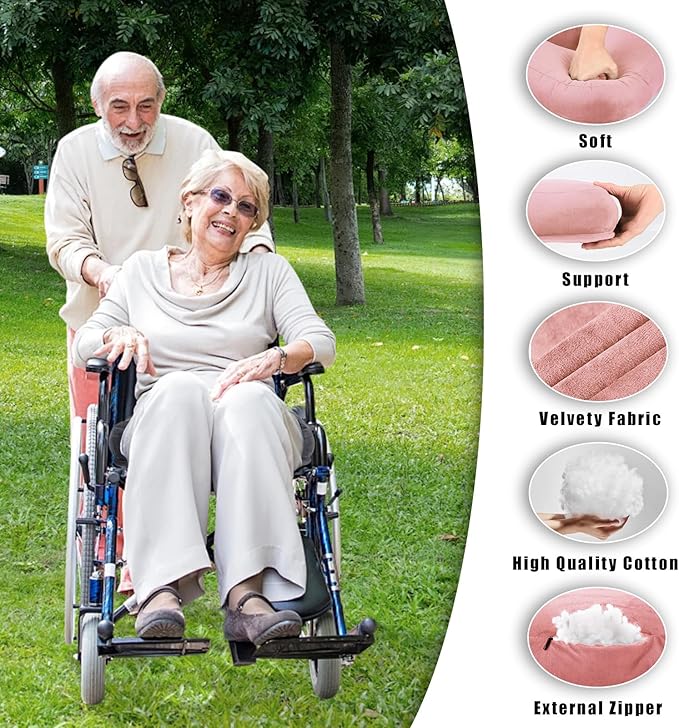 Wheelchair Cushions for Seniors Tailbone Pain Relief, Seat Cushions for Pressure Sores Bedsores, Long Sitting Donut Pillow for Sciatica Pressure Relief (Pink)