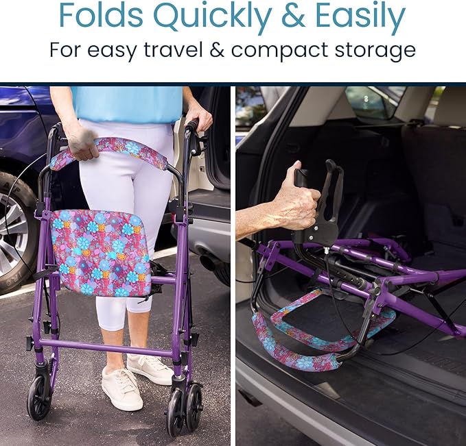 Vive Mobility Steel Rollator Walker with Seat - Foldable, Narrow, Rolling Senior Walker for Small Spaces - 4 Wheel Lightweight Adult Easy Drive with Underseat Storage, Adjustable Height (Black)