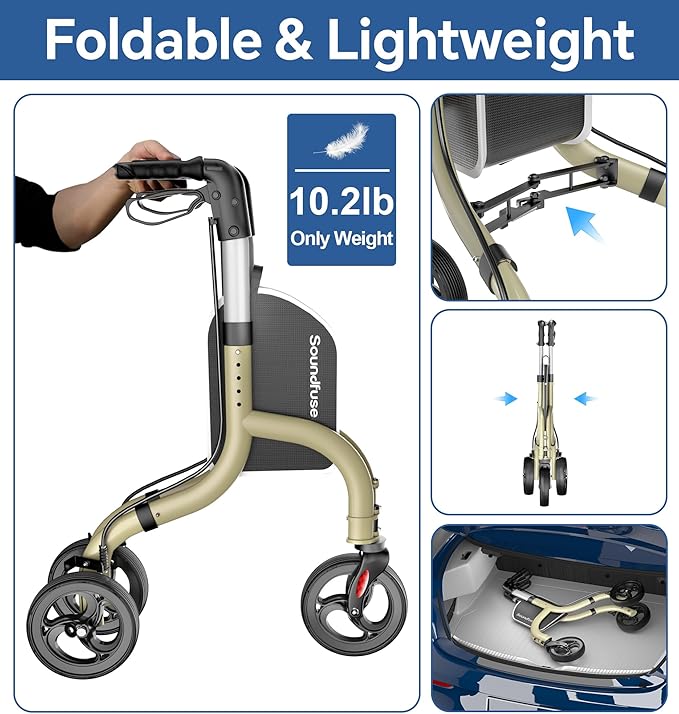 SOUNDFUSE 3 Wheel Walkers for Seniors, Lightweight Foldable Aluminum Rollator Walker, Height Adjustable Three Wheel Walker, Champagne