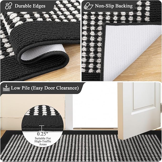 Ileading Laundry Room Runner Rug 2x5ft Non Slip Farmhouse Kitchen Floor Mats with Rubber Backing Machine Washable Indoor Doormat Low-Profile Carpet for Hallway Entryway(Black&White)