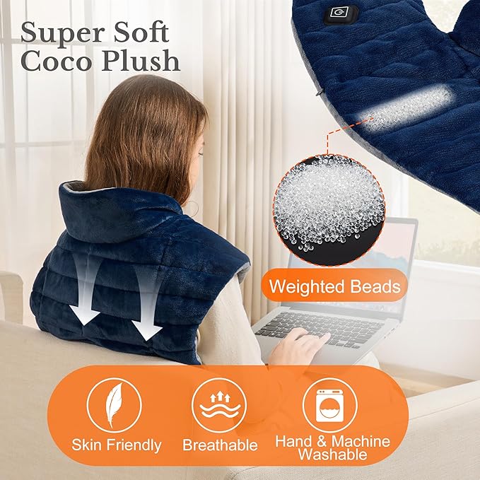 Portable Cordless Heating Pad for Neck, Shoulders & Back - Rechargeable Battery Operated Heating Pad with 3 Heat Settings, Birthday Gift for Women, Weighted Neck Warmer for Pain Relief (Navy Blue)
