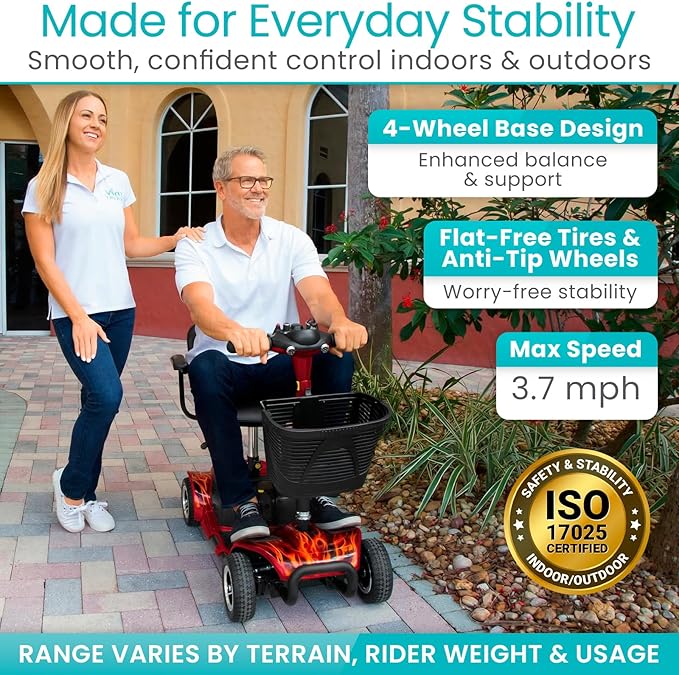 Vive 4 Wheel Mobility Scooter - Electric Powered Wheelchair Device - Compact Heavy Duty Mobile for Travel, Adults, Elderly (Red Fire)