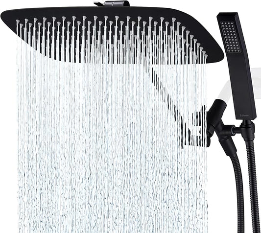 G-Promise All Metal 16 Inch Dual Square Shower Head with Handheld Spray Combo, Rain Shower Head, Adjustable Extension Arm, 3-Way Diverter, 71 Inch Extra Long Hose - A Bathroom Upgrade (Matte Black)