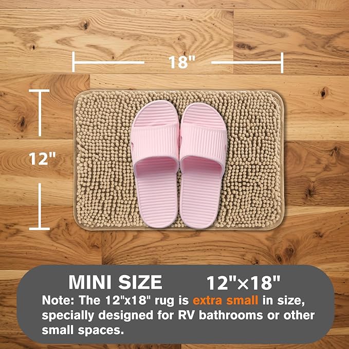 Small Bathroom Rug 12"x18" – Washable and Absorbent Bath Mat, Non Slip, Thick Soft Chenille Bath Rugs for Bathroom, Shower, Sink, Dog mat(Beige)