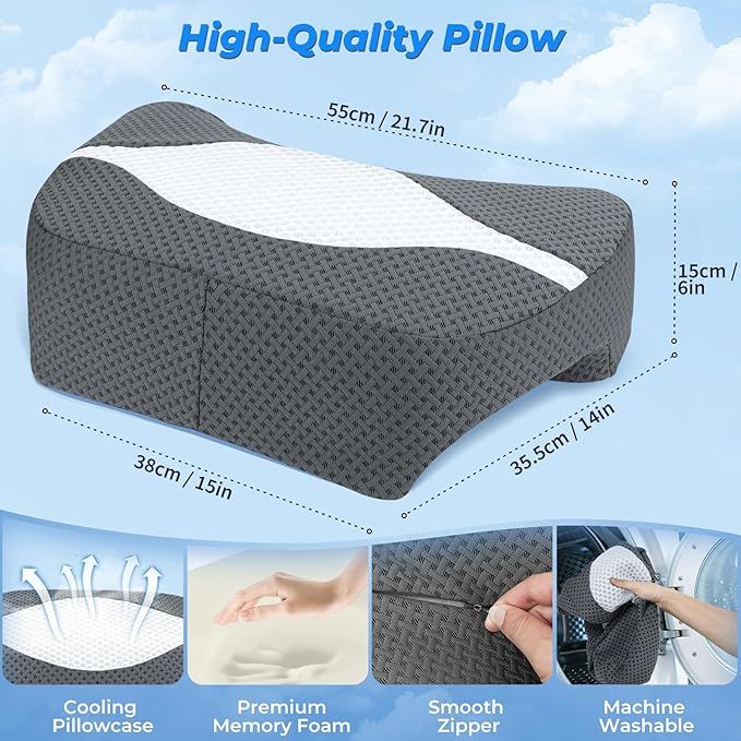SAHEYER Side Sleeper Pillow with Arm Hole, Upgraded Memory Foam Shoulder Pillow for Neck Pain Relief, Adjustable Multi-Angle Arm Tunnels Support for Adults Pressure-Free Sleep (Grey)