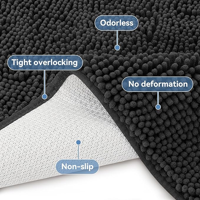Bcoimo 36x24 Chenille Bath Mat – Non-Slip with Backing Bath Rug Ultra-Absorbent and Machine Washable Bathroom Mat Quick-Dry Design. Ideal for Bathroom Shower and Tub Areas
