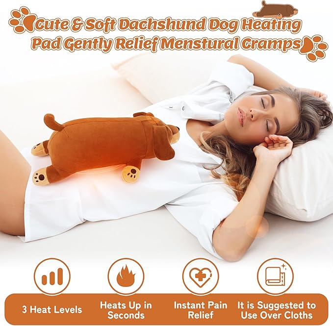 Electric Heating Pad for Period Cramps, Cuddly 14‘’ Dachshund Dog Plush with a Hot Soft Belly USB Powered, Menstrual Heating Pad Neck Shoulder Pain Relief, Gift for Daughter Wife Period Heating Pad