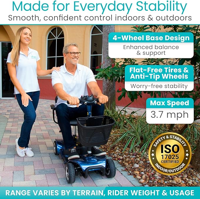 Vive 4 Wheel Mobility Scooter - Electric Powered Wheelchair Device - Compact Heavy Duty Mobile for Travel, Adults, Elderly - Long Range Power Extended Battery with Charger & Basket