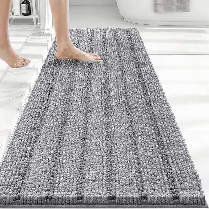 Bcoimo Long Bathroom Rug, Chenille Bath Runner with High Low Pile Design, Soft Absorbent Non Slip Bath Mat, Machine Washable Quick Dry Rug for Shower, Tub, Sink and Vanity