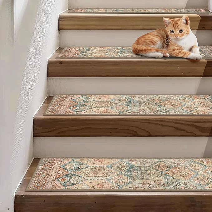 sarben Carpet Stair Treads Non Slip 15PCS, 8" X 30" Edging Stair Runner for Wooden Steps Indoor, Resistant Stair Rugs with Reusable TPE Adhesive Backing, Residue Mat for Elders, Pets, Cedarwood/Sage