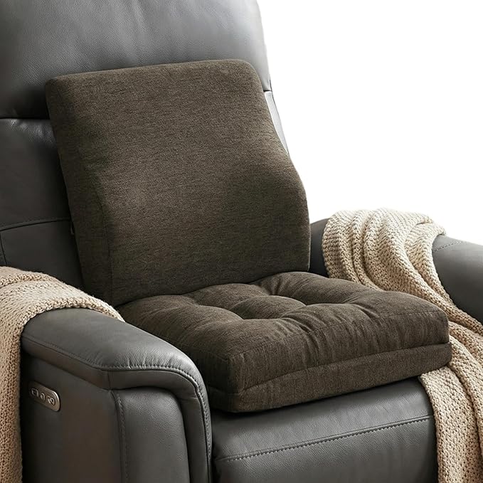 baibu Memory Foam Small Recliner Cushions with Lumbar Support Pillow Set, 18x16x4 Inch Dual-Layer Design Non-Slip Recliner Seat Cushion & Back Support Pillow for Reduce Hip & Lumbar Pain, Brown