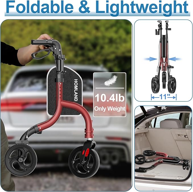 3 Wheel Walkers for Seniors, Foldable Wheeled Rollator with Cane Hold and Cup Hold, Lightweight Three Wheel Rolling Walker Height Adjustable for Seniors,Burgundy