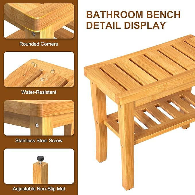 Bamboo Shower Bench Stool with Storage Shelf Waterproof Shower Chair Spa Bath Seat First Apartment Essentials New Home Must Haves Things Stuff Accessories House Warming Hostess Host