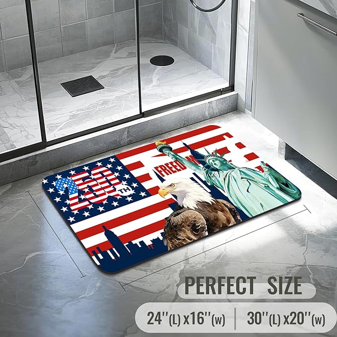Quick Dry Bath Mat for Bathroom,Super Absorbent Patriotic 4th of July Welcome Bath Rug Non-Slip Rubber,Machine Washable Bathroom Floor Mat for Shower, Tub, Sink Area Independence Day Eagle 16x24