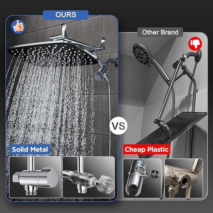 Veken 11.8" Rain Shower Head with Handheld, High Pressure Handheld Shower with Multi Spray Modes, Rainfall Combo with Metal Extension Arm, Detachable Dual Showerhead, Bathroom Decor, Chrome Silver