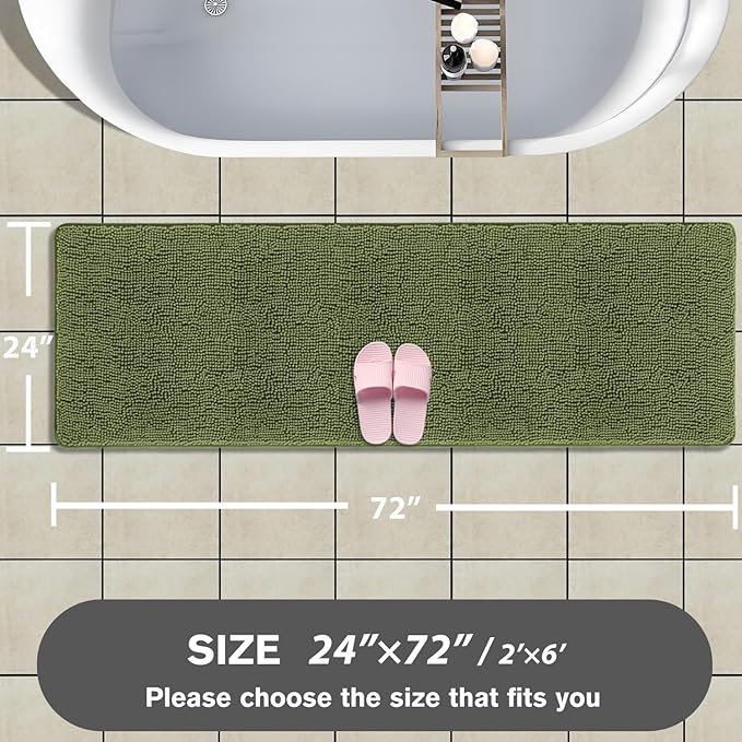 Bathroom Runner Rug 24 x 72 Non Slip – Extra Long Bath Mat | Absorbent and Washable Thick Chenille Runner Rug for Bathroom, Shower, Tub, Sink(Sage)