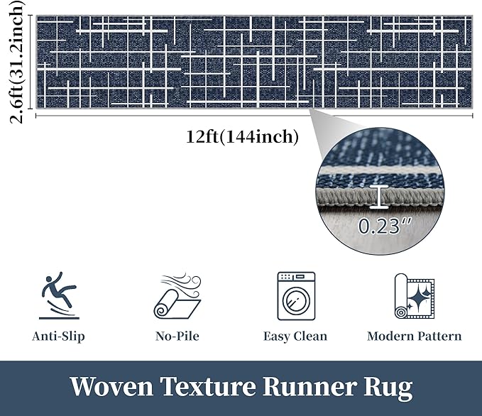 Non Slip Hallway Runner Rug 2.6x12, Modern Distressed Stripe, Washable Extra Long Rug, Woven Thin Low Pile Carpet Runners for Hallway 12ft Entryway, Kitchen, Walkway- Blue