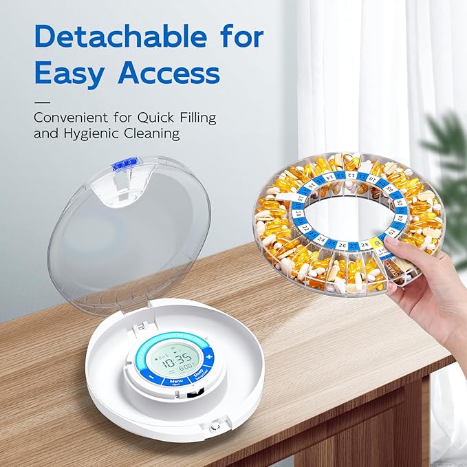 Daviky Automatic Pill Dispenser for Elderly with Alarm, 28-Day Electronic Locked Pill Box, Sound & Light Reminders for Medication, Vitamins, and Supplements(Blue)