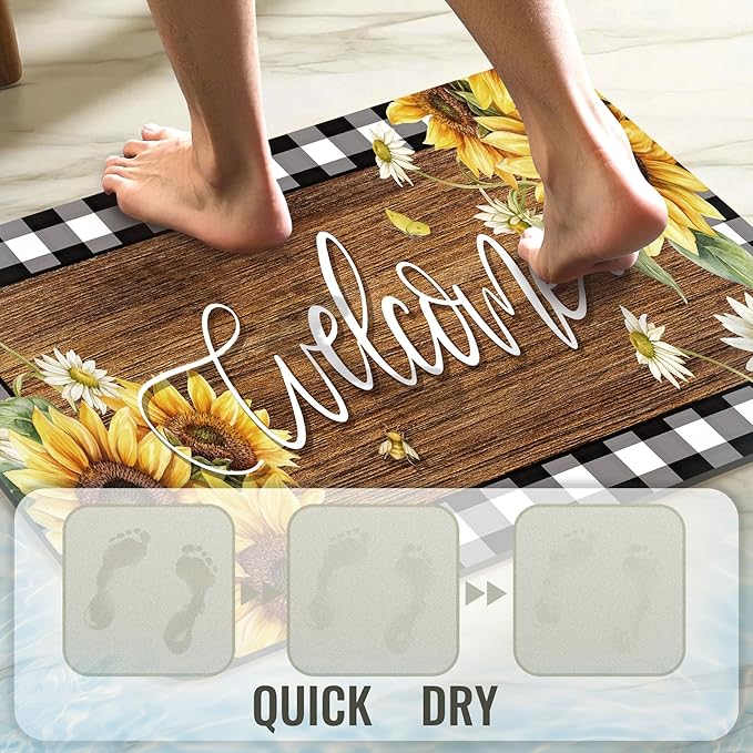 Quick Dry Bath Mat for Bathroom,Super Absorbent Sunflower Welcome Welcome Bath Rug Non-Slip Rubber,Machine Washable Bathroom Floor Mat for Shower, Tub, Sink Area Black and White Checked Wooden 16x24