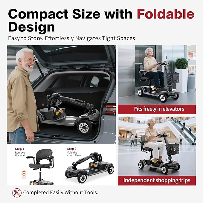 Easy-to-Operate Mobility Scooter for Seniors, 418 lb Weight Capacity, 20KM Long Range, 5-Step Quick Assembly & Folding, FDA Registered