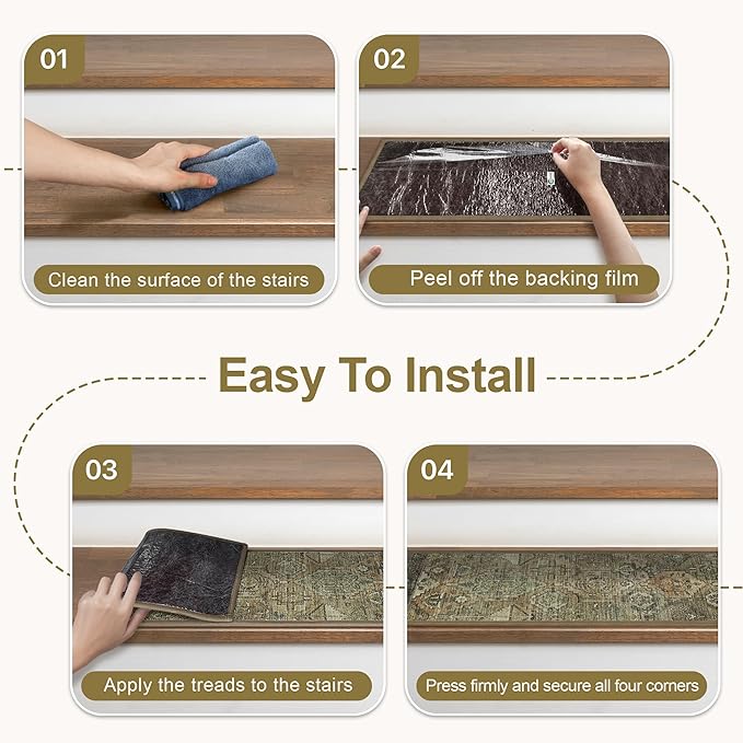 Non Slip Stair Treads for Wooden Steps 15PCS - 8"x30" Indoor Safety Carpet, Edging Mats with TPE Adhesive Backing, Pet and Elderly Friendly Stair Rugs (Dark Green&Brown)