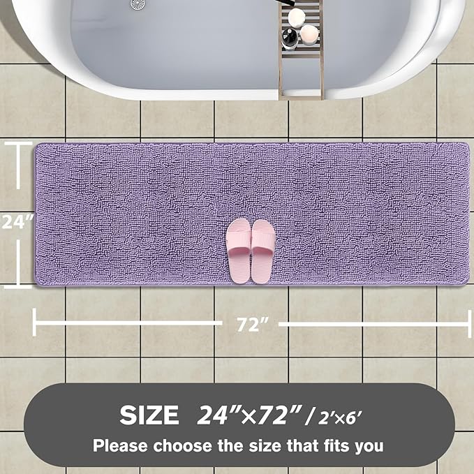 Bathroom Runner Rug 24 x 72 Non Slip – Extra Long Bath Mat | Absorbent and Washable Thick Chenille Runner Rug for Bathroom, Shower, Tub, Sink(Lavender)