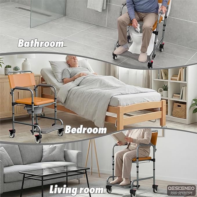 Shower Chair with Wheels, Two Modes Bedside Commode with Wheels, Aluminum Shower Wheelchair with Footrest, Portable Toilet with Bucket for Elderly and Disabled, 300 LBS Weight Capacity