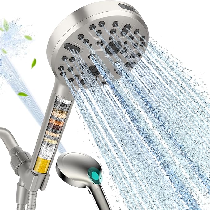 Cobbe Filtered Shower Head with Handheld - High Pressure 9 Spray Modes Showerhead with 16-Stage Water Softener for Hard Water - Purifying Detachable Hand Held Shower Head, Classic Nickel