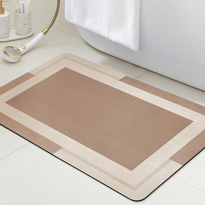 ACCUMTEK Non Slip Bath Mat, Thin Bathroom Rugs Fit Under Door, Quick Dry Bath Mats, Machine Washable Bath Rugs for Bathroom, Bathtub & Kitchen, Bathtub, Light Brown/Bordered/36 x24