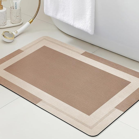 ACCUMTEK Non Slip Bath Mat, Thin Bathroom Rugs Fit Under Door, Quick Dry Bath Mats, Machine Washable Bath Rugs for Bathroom, Bathtub & Kitchen, Bathtub, Light Brown/Bordered/24 x17