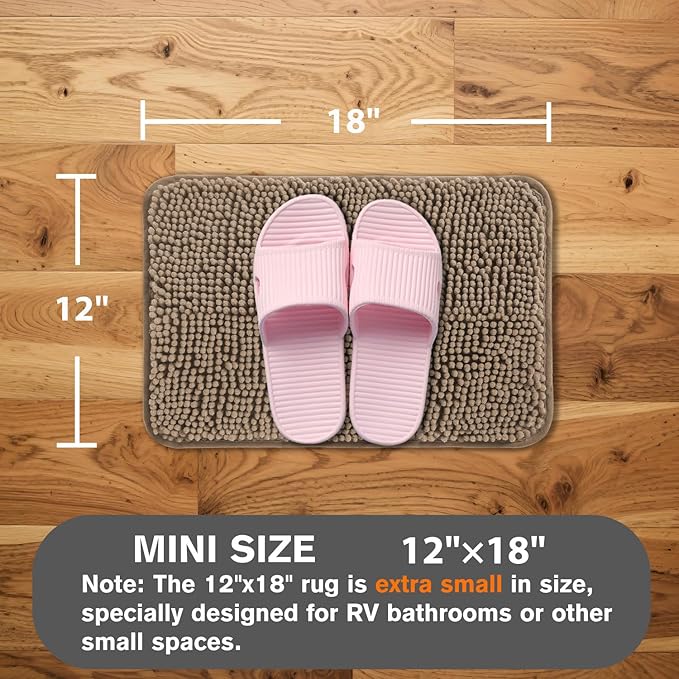 Small Bathroom Rug 12"x18" – Washable and Absorbent Bath Mat, Non Slip, Thick Soft Chenille Bath Rugs for Bathroom, Shower, Sink, Dog mat(Taupe)