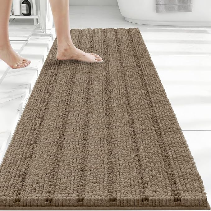 Bcoimo Long Bathroom Rug, Chenille Bath Runner with High Low Pile Design, Soft Absorbent Non Slip Bath Mat, Machine Washable Quick Dry Rug for Shower, Tub, Sink and Vanity