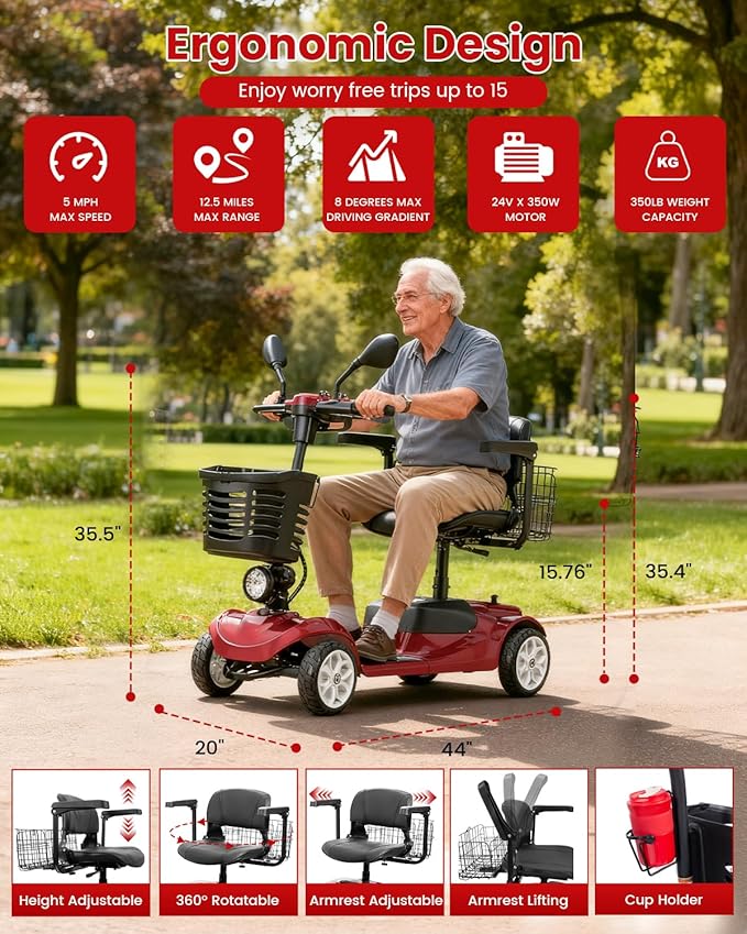 4 Wheel Electric Power Mobility Scooter for Adults, Electric Scooter for Seniors Folding Mobility Scooter -Max Speed 5 Mph,12.5 Miles Long Travel Range