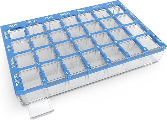 EZY DOSE Weekly (7-Day) Pill Organizer, Vitamin and Medicine Box, Medium Compartments with Easy Fill Tray, 4 Times a Day, Clear Lids, Color May Vary, BPA Free