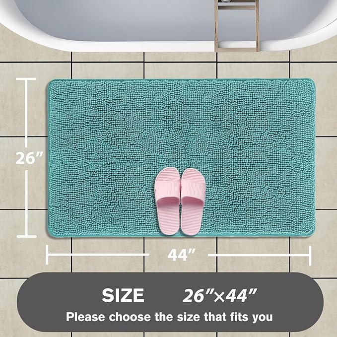 Teal Bathroom Rugs – Absorbent and Washable Bath Mat, Non-Slip, Thick Soft Chenille Bath Rugs for Bathroom Floor, Shower, Sink - 26" x 44"