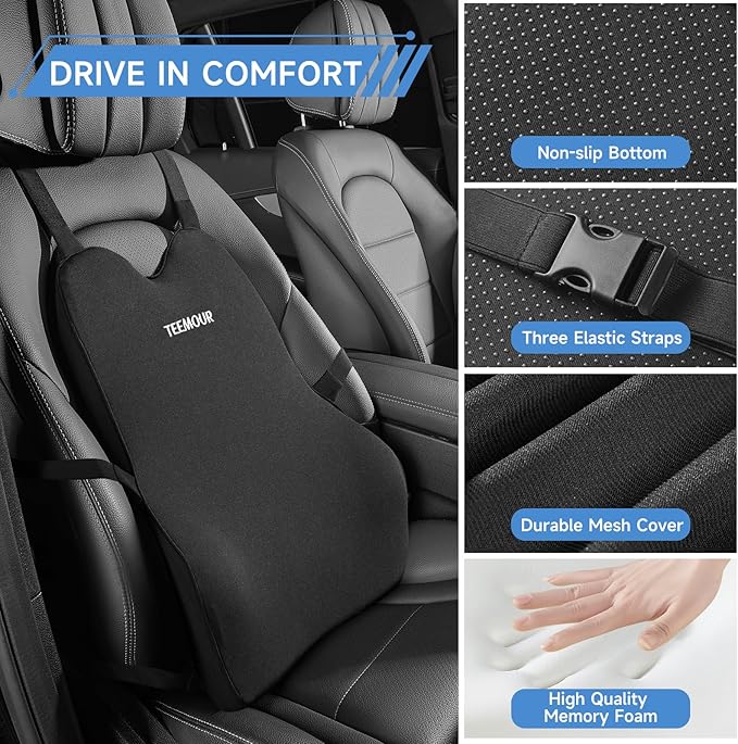 Lumbar Support Pillow for Car Truck Accessories Gifts for Mom Dad Memory Foam Back Support for Driving Seat Lower Back Cushion, Lumbar Comfort for Long Drivers Back Pain Relief, with Adjustable Straps