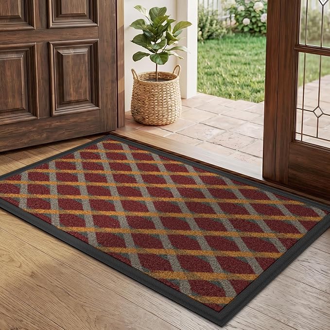 LUMI Front Door Mat 24x36, Low-Profile Non-Slip Welcome Mat for Indoor Outdoor, Stain & Fade Resistant Geometric Door Mat for Entryway Patio Porch, Weave-Rust