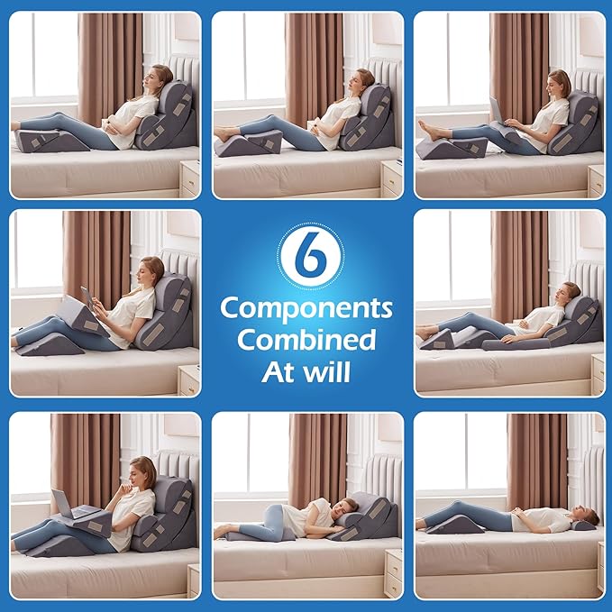 Ahpmeoa 6PCS Orthopedic Bed Wedge Pillow Set for Sitting up in Bed, Memory Foam Post Surgery Pillow for Back Pain Relief, Back Support Pillow for Acid Reflux Relief, GERD, Anti Snoring (Plush Grey)
