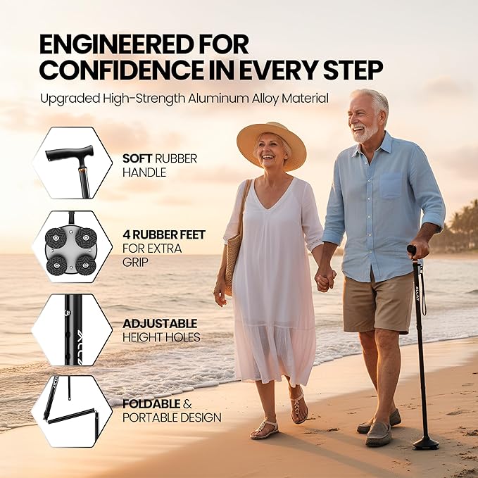 Allay Walking Canes for Men & Women - Adjustable Canes for Women for Stability, Self Standing Wide Quad Pivot Base, Light Weight, Soft Handle Grip and Travel Bag, Walking Sticks for Seniors & Adults