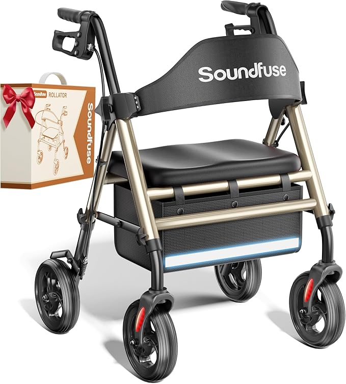 SOUNDFUSE Walkers for Seniors, Rollator Walker with Seat, 8" All Terrain Wheels, Double Support Bar, 16" Ergonomic Arc Seat and Comfortable Backrest, Dual Height Adjustable and Foldable Design