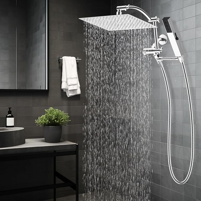 Hibbent All Metal CUPC Certified 12'' Rainfall Shower Head, Dual Shower Head Combo with 4 Handheld Sprays, High Pressure Shower Wand, 16'' Adjustable Extension Arm, 71'' Hose, Shower Holder, Chrome