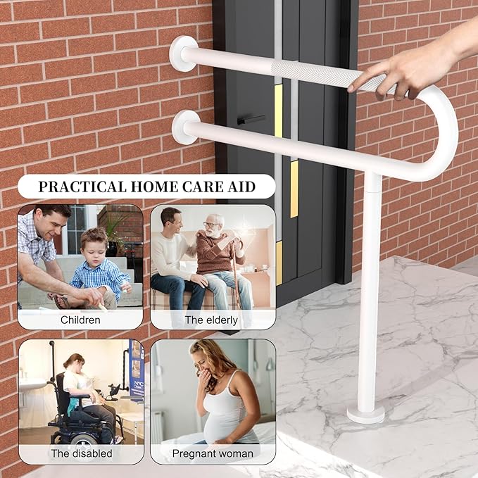 White Toilet Support Rail 31.3X 31.5 Inch, Munzong Anti-Slip Floor to Wall Handicap Grab Bar for Bathroom, Stainless Steel Knurled Safety handrails with Leg for Elderly Disabled Pregnant-1.25’Tube